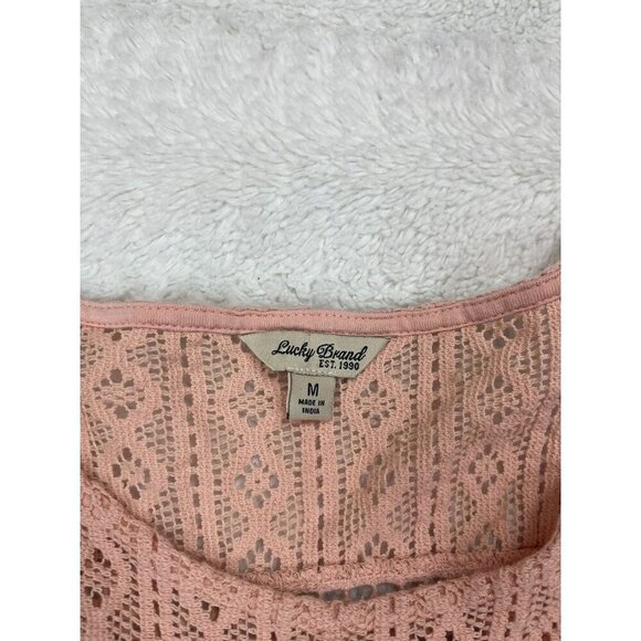 Lucky Brand Medium 3/4 Sleeve Lace Shirt Knit Back Pink Sheer - Picture 4 of 7